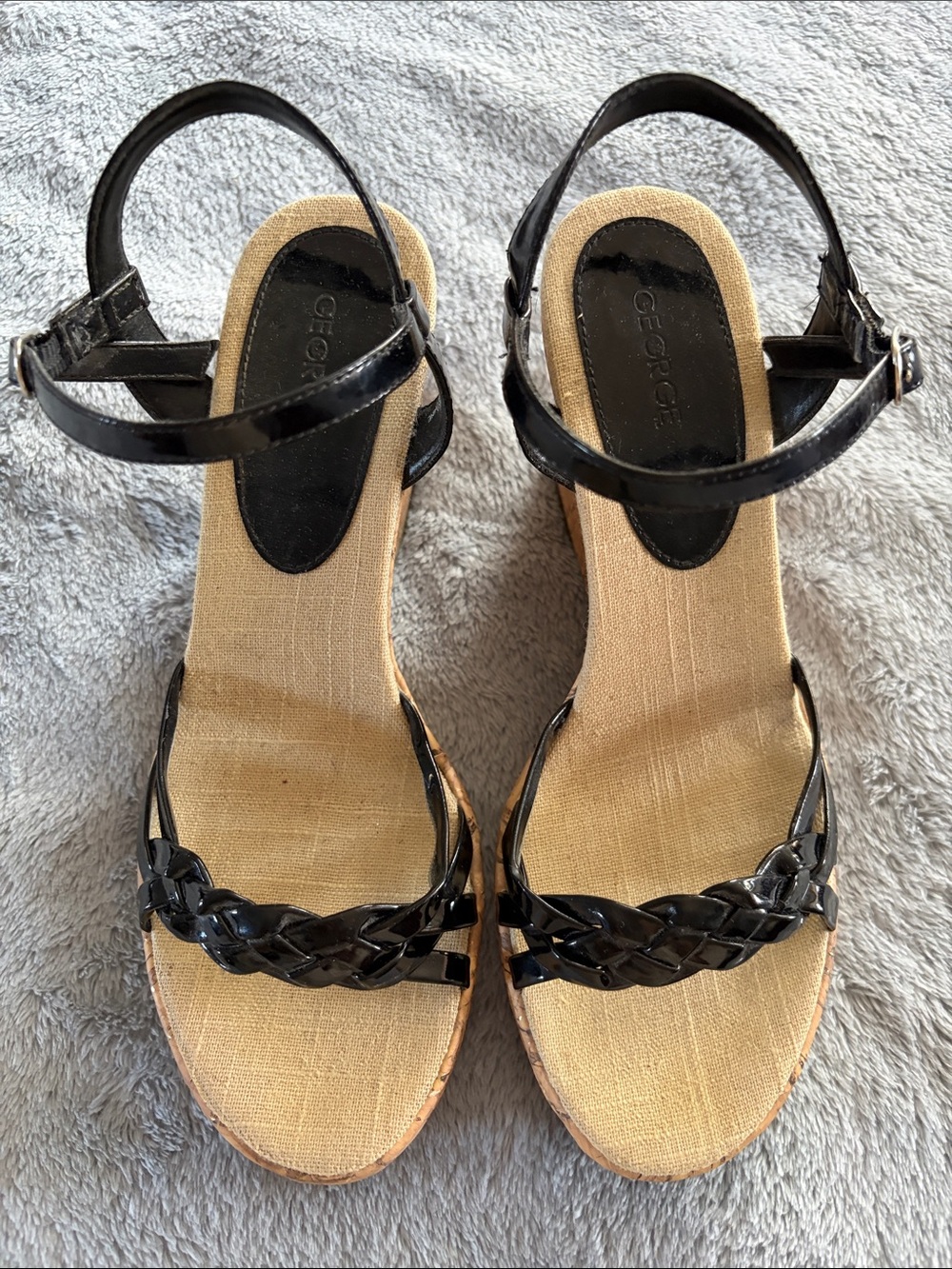 George Black Braided Strap Wedge Sandals
